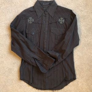Black Monarchy Button Down with Embroidered Detail! Size Large